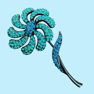 LARGE Signed WEISS Japanned Aqua Blue Rhinestone Flower Brooch SHOWSTOPPER 3.25”